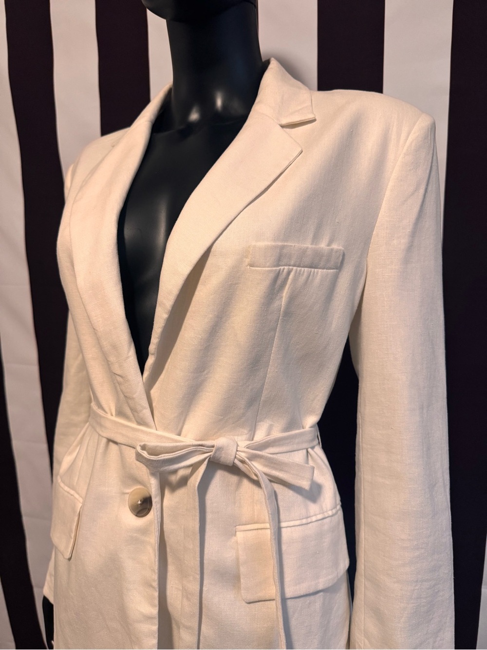 Zara White Belted Linen-Blend Blazer Jacket - Picture 2 of 7